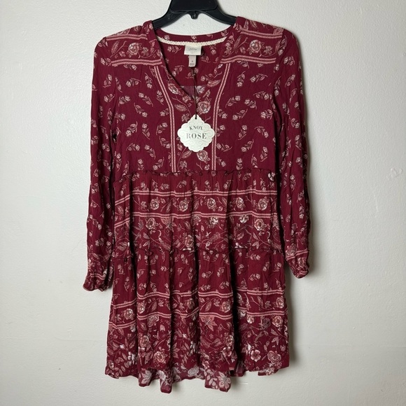 Knox Rose Red Floral Womens Long Sleeve Dress bohemian V-neck above knee - Picture 2 of 10